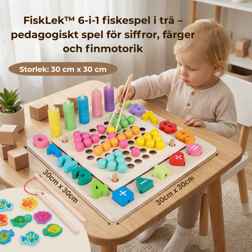 FiskLek™ – 6-i-1 Fiskespel i Trä | Leksak för siffror, färger & finmotorik