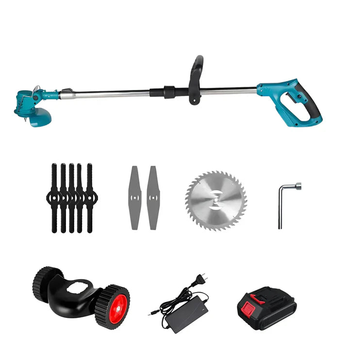 GräsKraft™ | Trådlös & Hopfällbar Grästrimmer 21V – Justerbar Höjd, Hjul & 3 Bladtyper