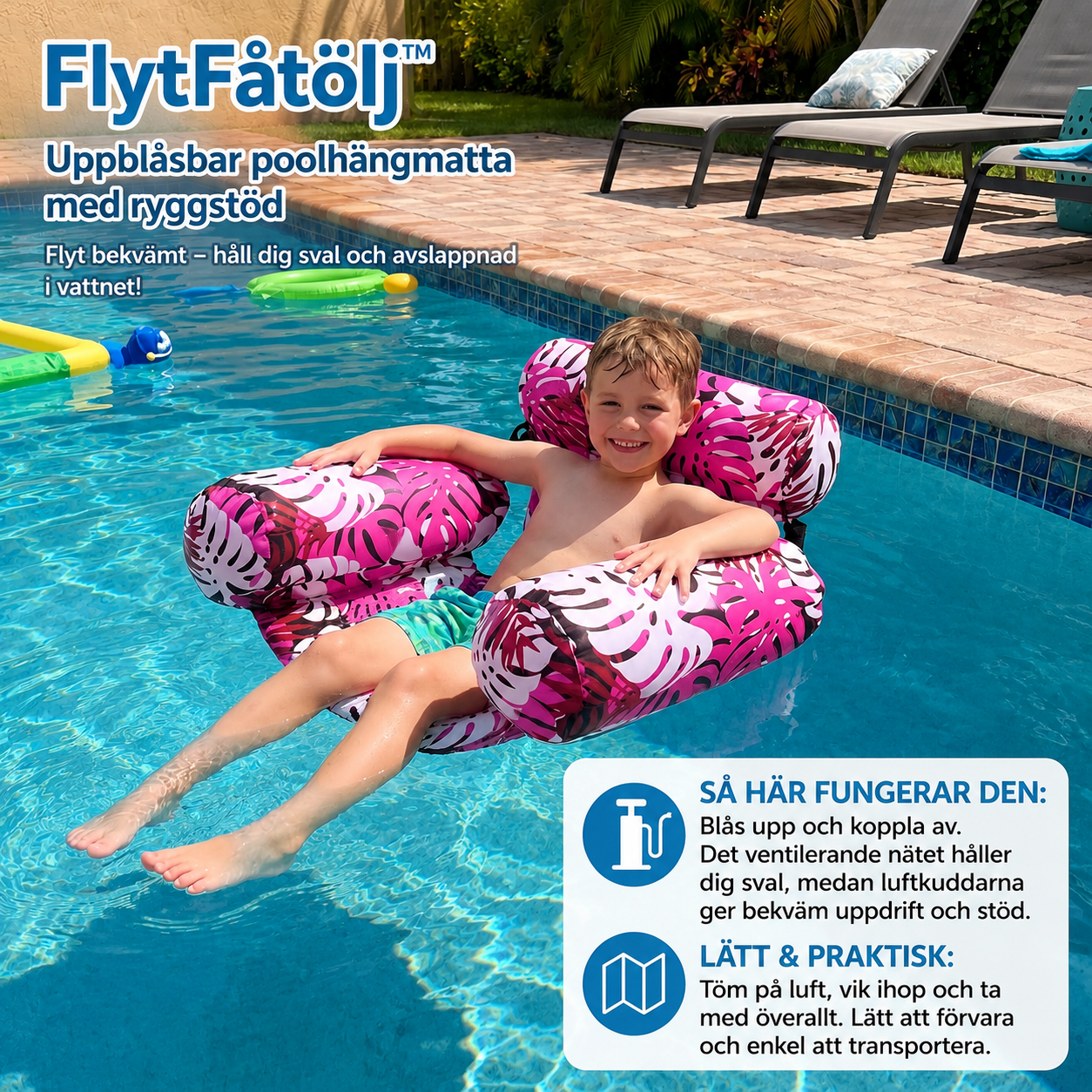 FlytFåtölj™ – Uppblåsbar Poolhängmatta med Ryggstöd Vikbar Vattenlounger