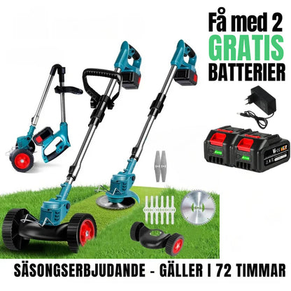 GräsKraft™ | Trådlös & Hopfällbar Grästrimmer 21V – Justerbar Höjd, Hjul & 3 Bladtyper
