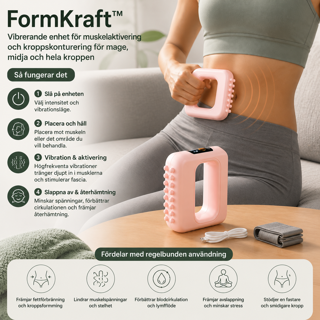 FormKraft™ – Vibrerande enhet för muskelaktivering och kroppskonturering för mage, midja och hela kroppen
