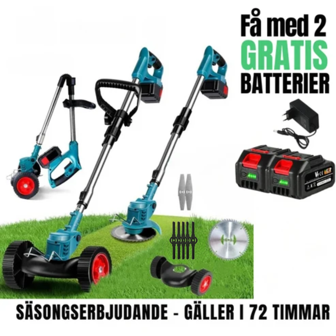 GräsKraft™ | Trådlös & Hopfällbar Grästrimmer – Justerbar Höjd, Hjul & 3 Bladtyper -