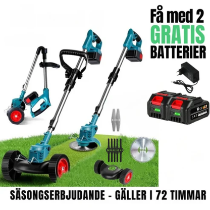 GräsKraft™ | Trådlös & Hopfällbar Grästrimmer – Justerbar Höjd, Hjul & 3 Bladtyper -