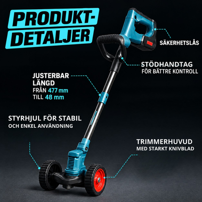 GräsKraft™ | Trådlös & Hopfällbar Grästrimmer – Justerbar Höjd, Hjul & 3 Bladtyper -