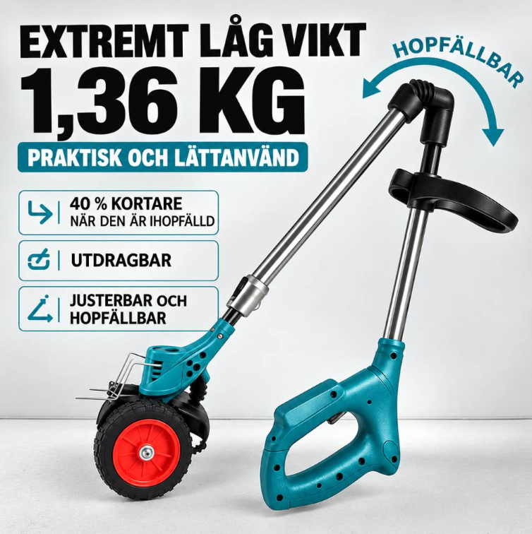 GräsKraft™ | Trådlös & Hopfällbar Grästrimmer – Justerbar Höjd, Hjul & 3 Bladtyper -