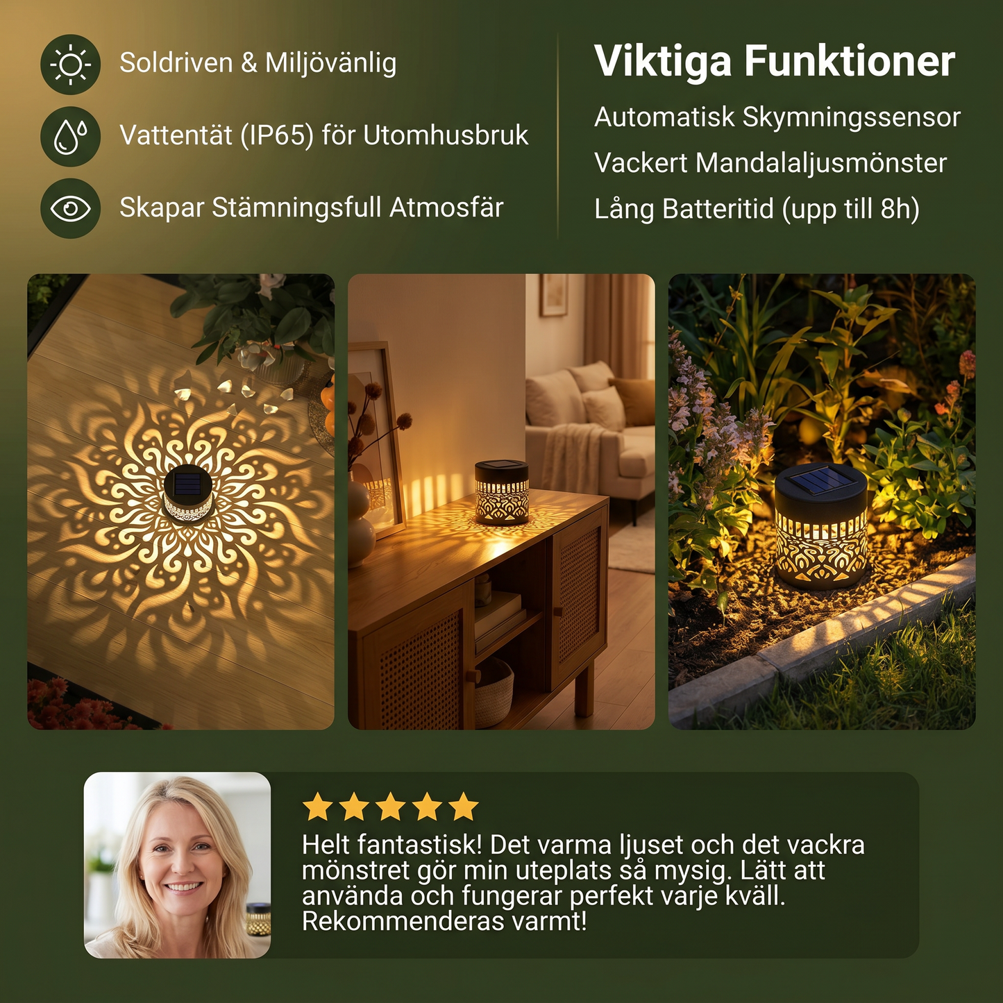 MandaGlow™ – Färgglad soldriven mandala-trädgårdslampa – vattentät LED-väggprojektionslykta för utomhusbruk