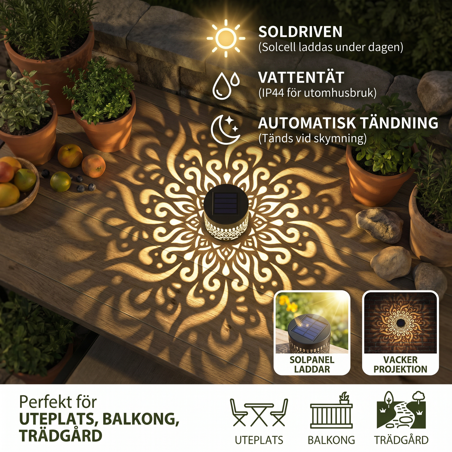 MandaGlow™ – Färgglad soldriven mandala-trädgårdslampa – vattentät LED-väggprojektionslykta för utomhusbruk
